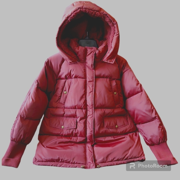 SAM EDELMAN Shirt Knit Trim Puffer Coat, Hooded, Large, Barn Red,NWT - Picture 6 of 14